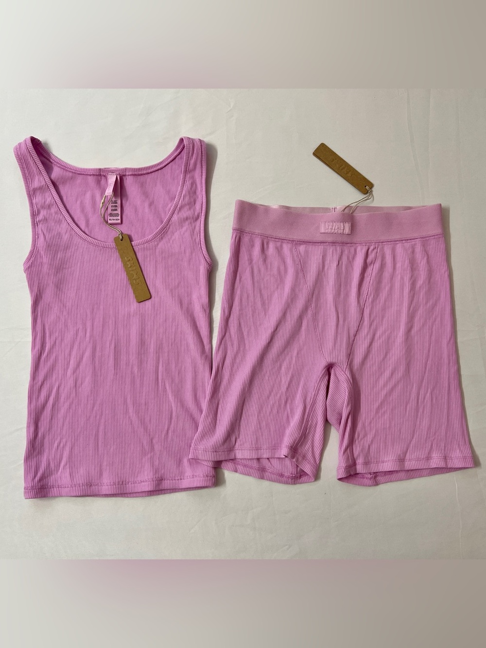 SKIMS Soft Lounge Ribbed Tank Top + Boxer Shorts Short Set Pink